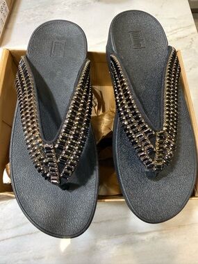 Fitflop Black Beaded Thong Sandals with Gold Accents